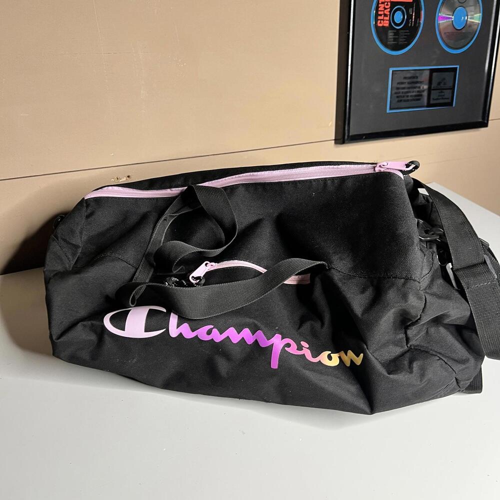 Champion Gym Bag Womens Medium Black Logo Duffel Pink Trim Sports Travel